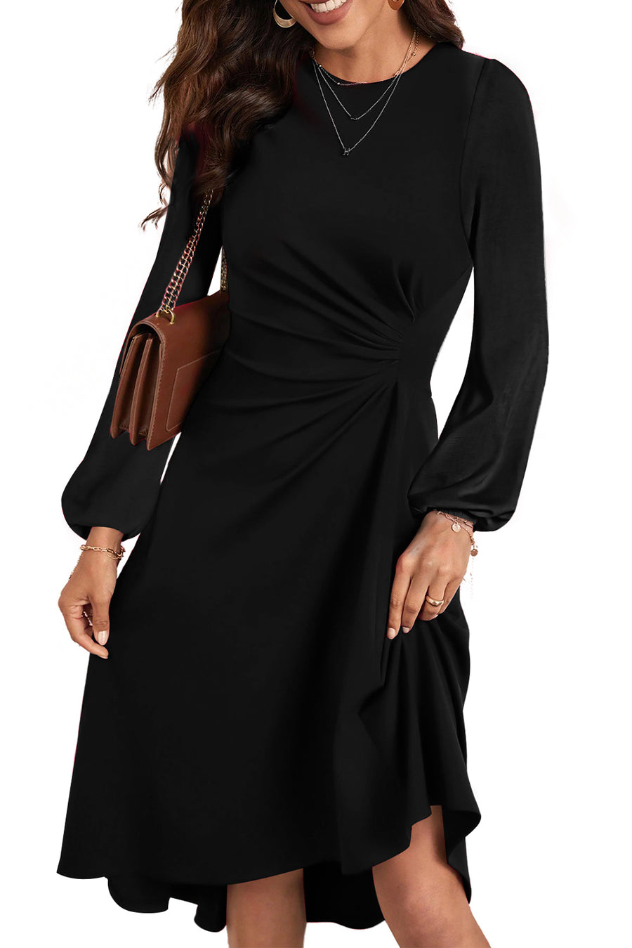 Black Plain Lantern Sleeve Midi Dress