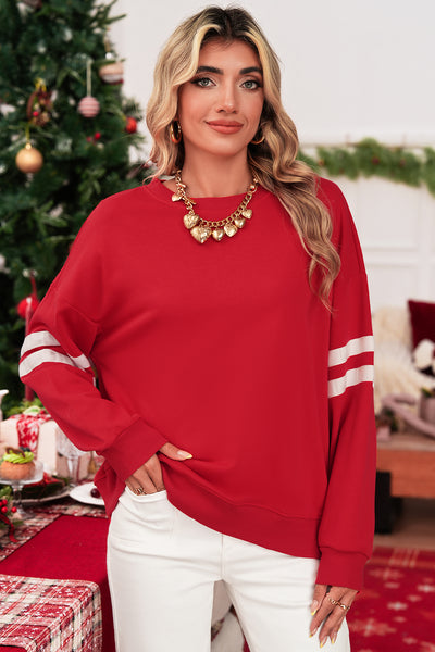 Navy Blue Preppy Striped Sleeve Loose Sweatshirt