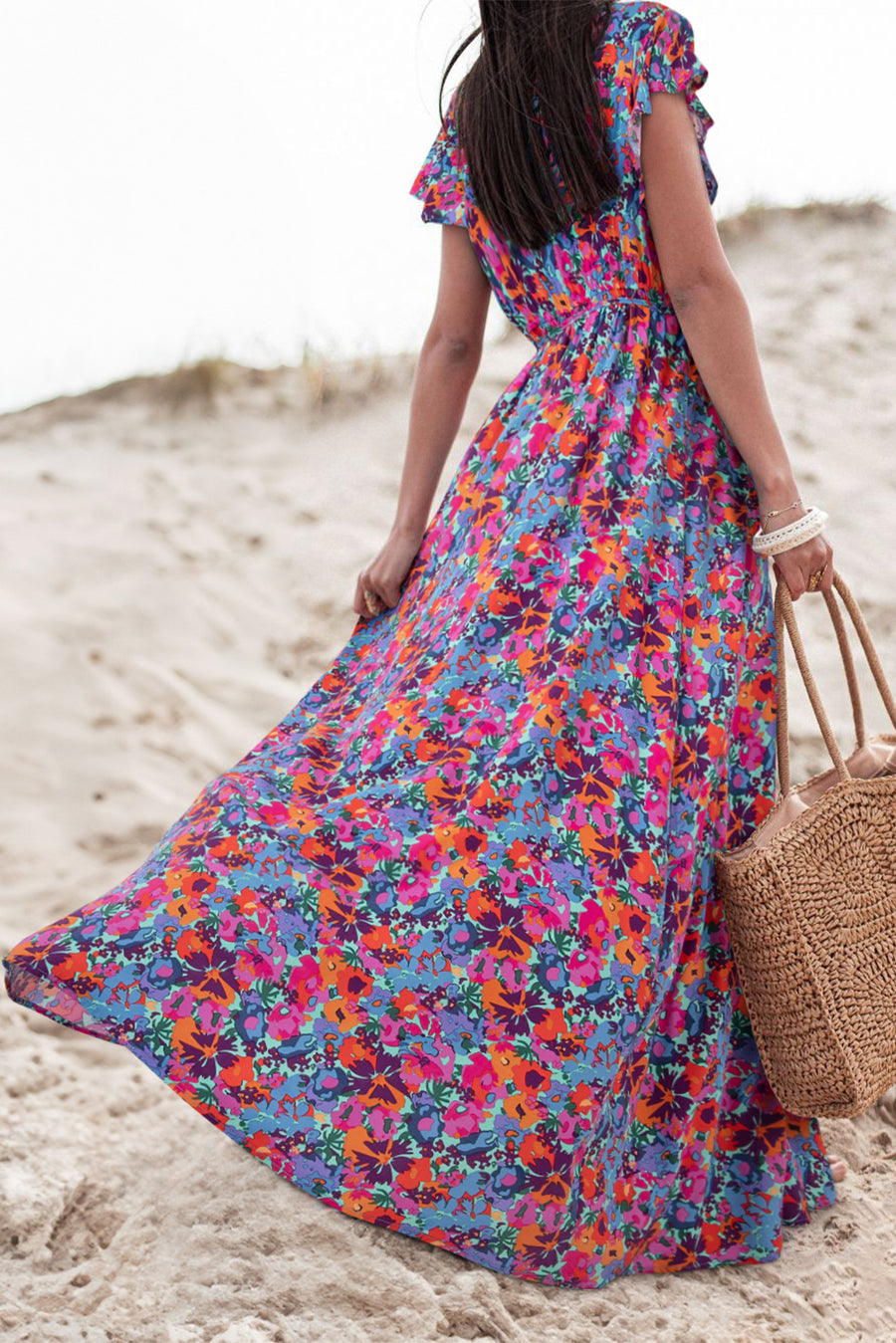 Blue Floral Print V-Neck Wrap Split Maxi Dress