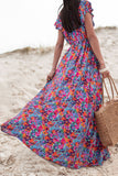 Blue Floral Print V-Neck Wrap Split Maxi Dress