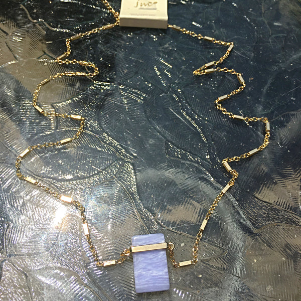 Gold Tone Natural Stone Pendant Necklace- Blue