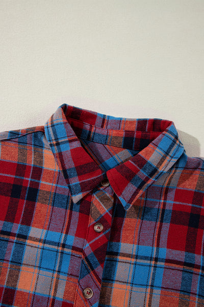 Red Plaid Print Drop Sleeve Loose Shirt Shacket