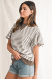Striped Ruffle Sleeve Crew Neck T-Shirt- 3 Colors