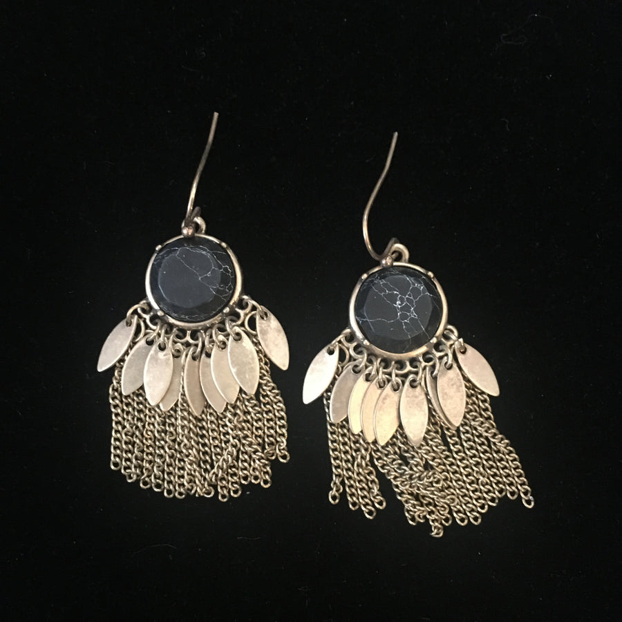 Worn Gold Stone & Fringe Earrings- Black