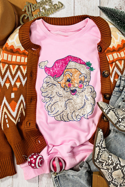 Pink Christmas Santa Claus Graphic Print Heat Transfer Drop Shoulder Sweatshirt