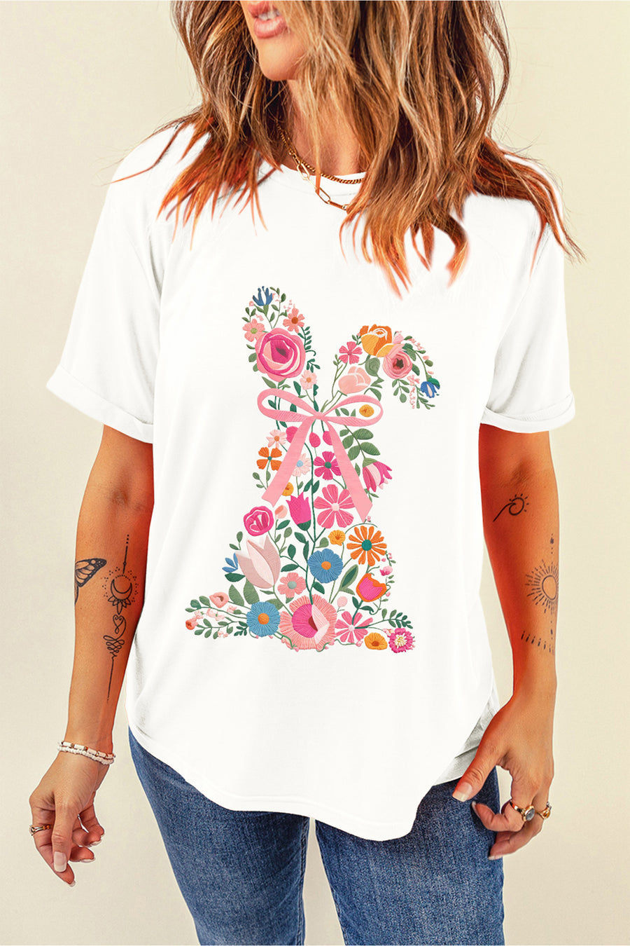 White Embroidered Look Floral Bunny Graphic T-Shirt