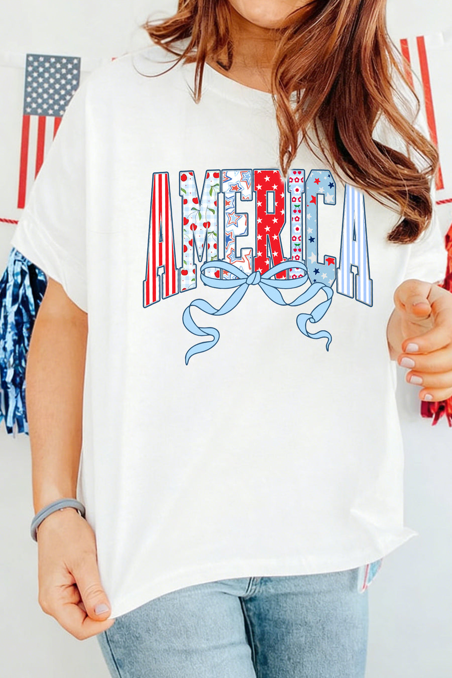 White Coquette Bow America Short Sleeve Graphic T-Shirt