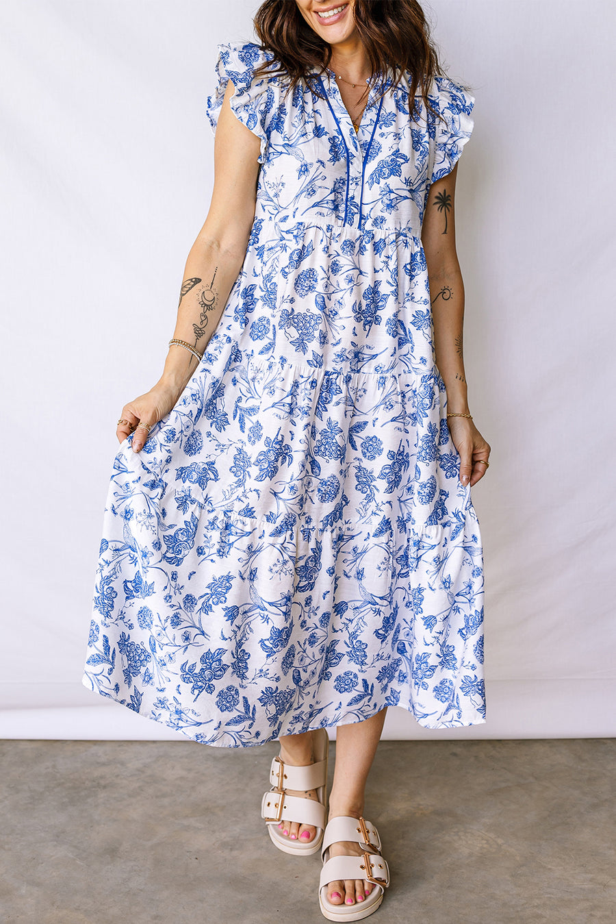 Blue Floral Ruffled Short Sleeve Tiered Midi Dress