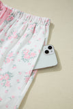 Pink Floral Print Lettuce Trim Short Sleeve Top and Shorts Pajama Set