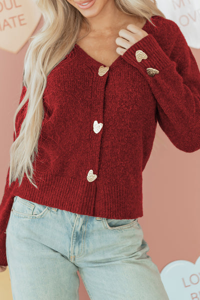 Red Heart Metal Button V-Neck Cardigan