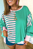 Plus Size Green & Pink Striped Color Block Patchwork Side Slit Sweatshirt