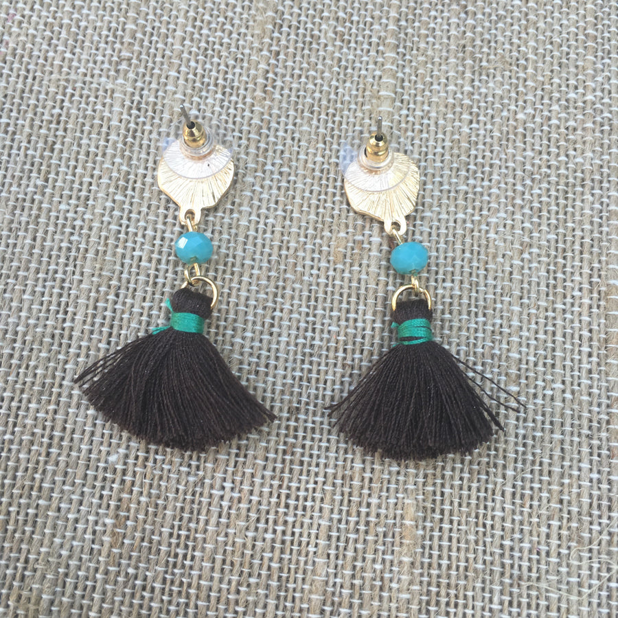 Matte Gold Tone Bead & Tassel Drop Earrings- Brown & Turquoise