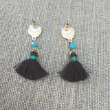 Matte Gold Tone Bead & Tassel Drop Earrings- Brown & Turquoise