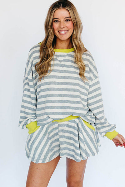Black Stripe Contrast Trim Long Sleeve Top and Shorts Set