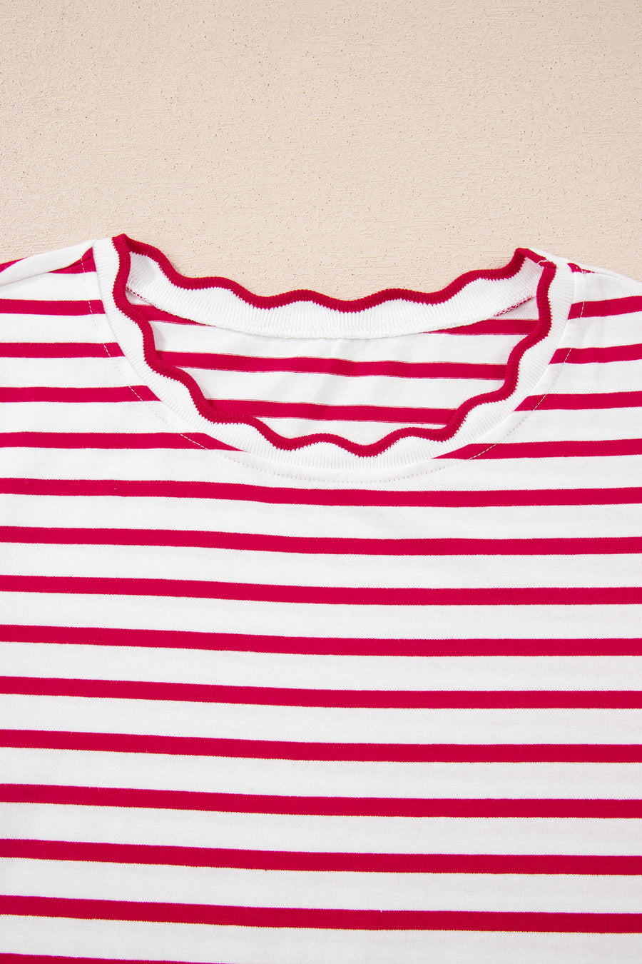 Striped Scalloped Trim Crew Neck Short Sleeve T-Shirt- 5 Colors