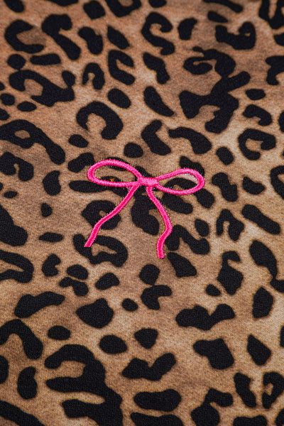 Coffee Allover Leopard Print Contrast Trim Long Sleeve Top and Pants Set