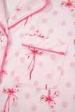 Bow Print Button-Up V-Neck Short Sleeve Top and Ruffle Hem Shorts Pajama Set- 2 Styles