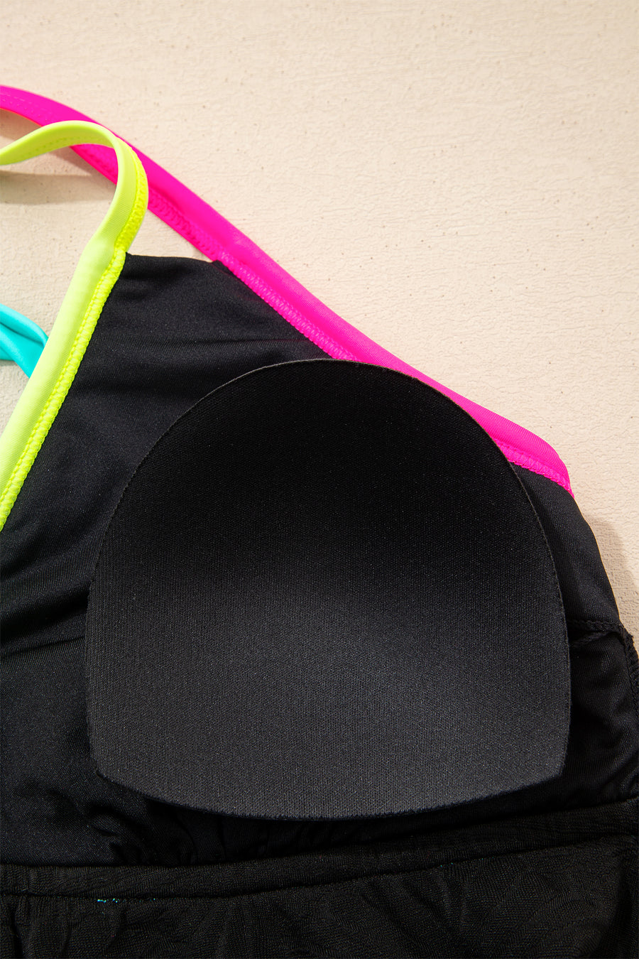 Black Floral Textured Neon Trim V-Neck Criss-Cross Tankini