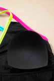 Black Floral Textured Neon Trim V-Neck Criss-Cross Tankini