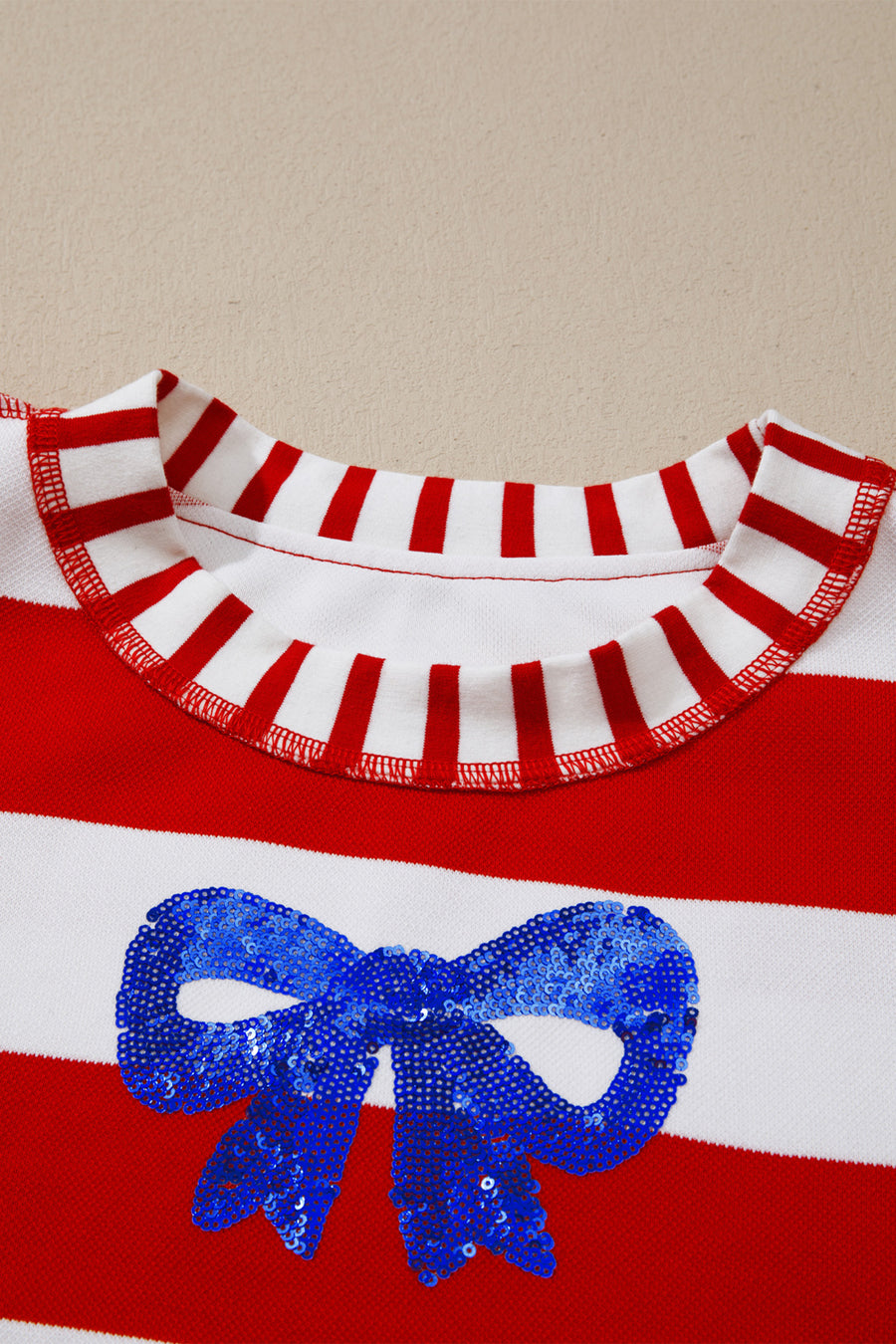Red Striped Sequin Bows Short Sleeve Oversized Top