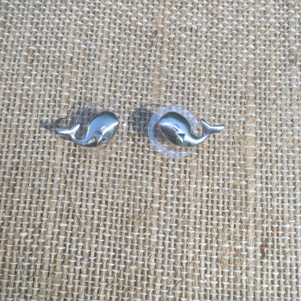 Matte Silver Tone Post Earrings- Whale