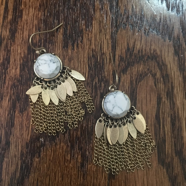 Worn Gold Stone & Fringe Earrings- White