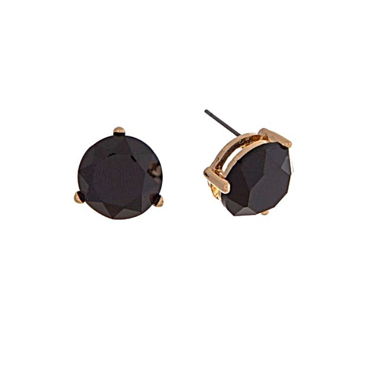 Gold Tone Round Stone Post Earrings- Black