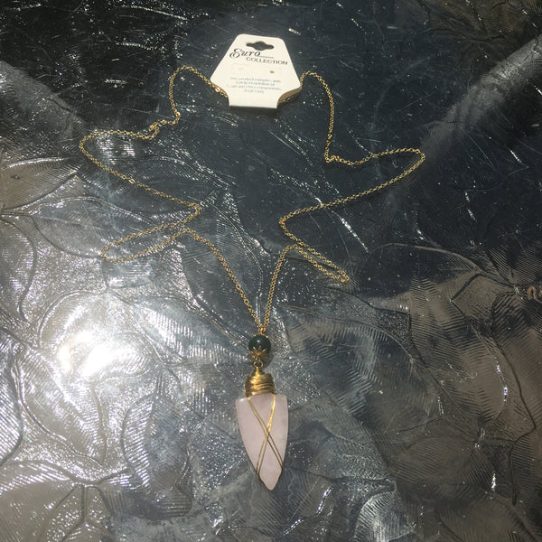 Gold Tone Bead & Wire-Wrapped Arrowhead Pendant Necklace- Rose Quartz