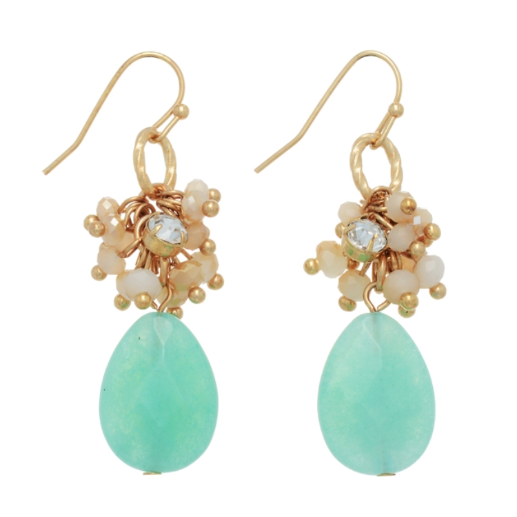 Gold Tone Beaded Teardrop Earrings- Mint