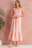 V-Neck Flutter Sleeve Smocked Bodice High Waist Ruffle Maxi Dress with Pockets- 2 Colors