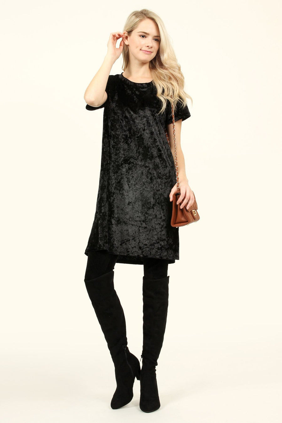 Black Short Sleeve Crushed Velvet Tunic Dress