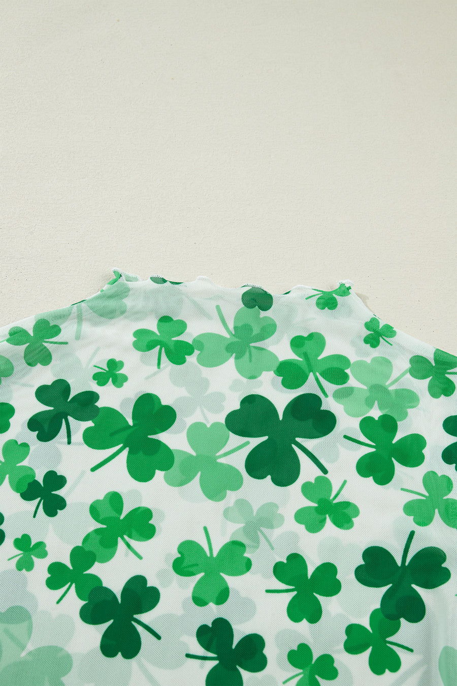 Green Lucky Shamrock Lettuce Trim High Neck Mesh Long Sleeve Top
