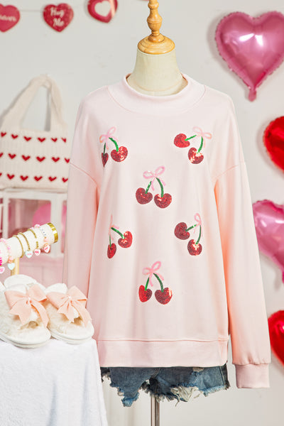 Apricot Pink Sequin Bow Cherry Patched Mock Neck Baggy Sweatshirt