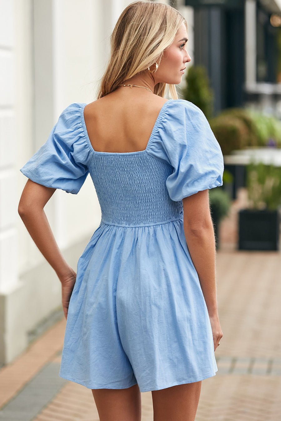 Valerian Square Neck Ruched Puff Sleeve Romper