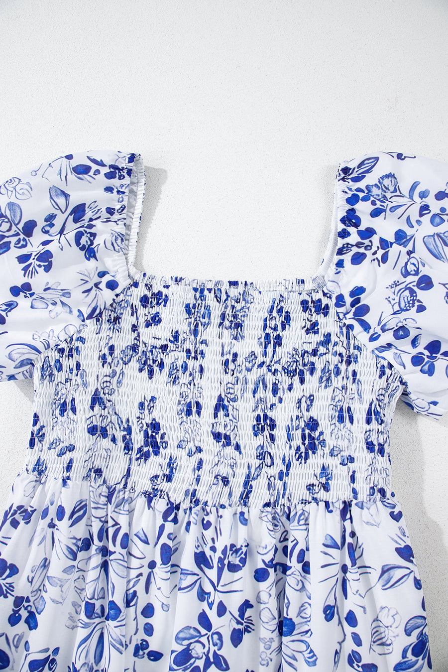 Blue Multi Floral Print Square Neck Bubble Sleeve High Waist Maxi Dress