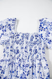 Blue Multi Floral Print Square Neck Bubble Sleeve High Waist Maxi Dress