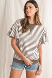 Striped Ruffle Sleeve Crew Neck T-Shirt- 3 Colors
