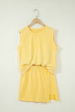Yellow Cream Solid Color Washed Sleeveless Top Split Skort Cotton 2pcs Outfit