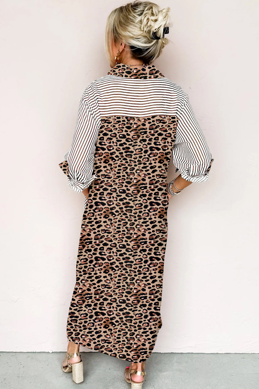 Striped Contrast Trim Leopard Patchwork Long Sleeve Midi Shirt Dress- 2 Colors