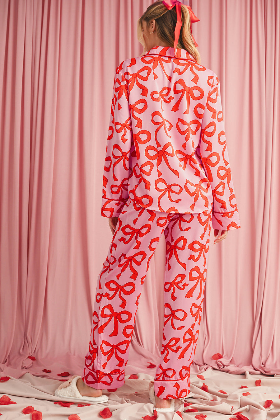 Pink All Over Bow Print Long Sleeve Button-Up Top and Pants Pajama Set