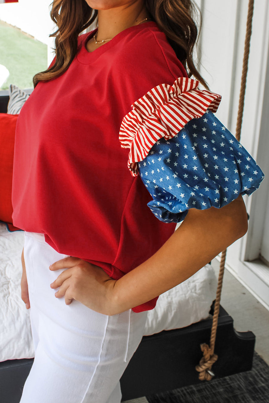 Stars and Stripes Contrast Puff Sleeve Top- 2 Colors