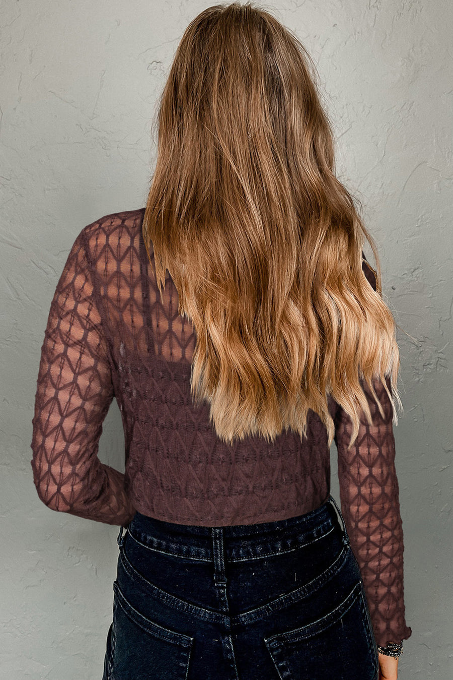Brown Sheer Mesh Lettuce Trim Long Sleeve Blouse