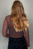 Brown Sheer Mesh Lettuce Trim Long Sleeve Blouse