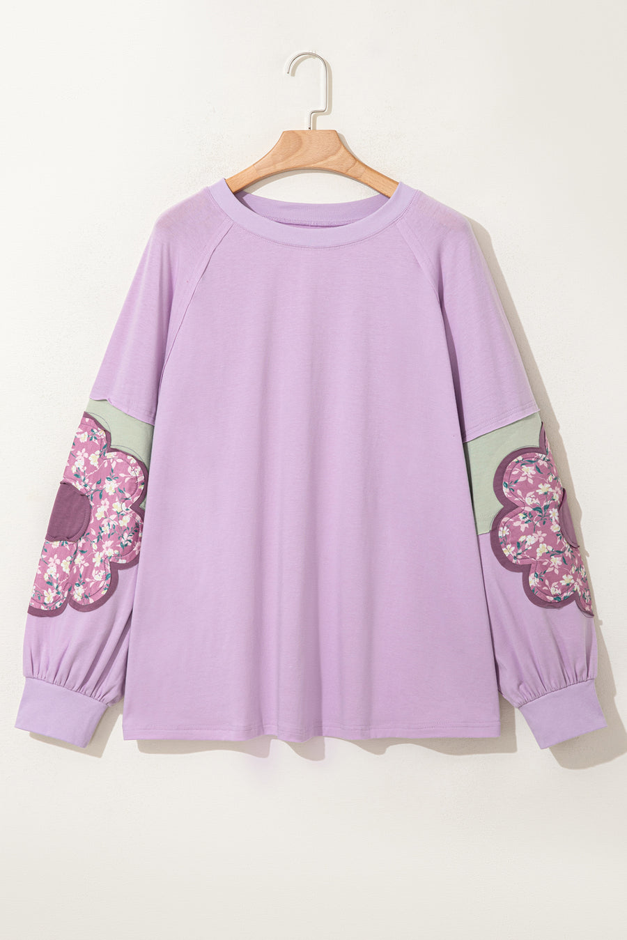 Plus Size Lavender Floral Patched Color Block Pullover Shirt