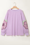 Plus Size Lavender Floral Patched Color Block Pullover Shirt