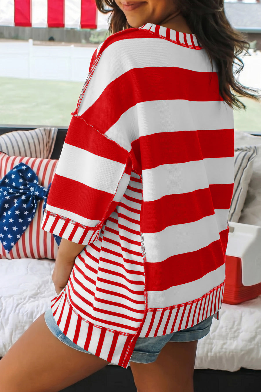 Red Striped Sequin Bows Short Sleeve Oversized Top