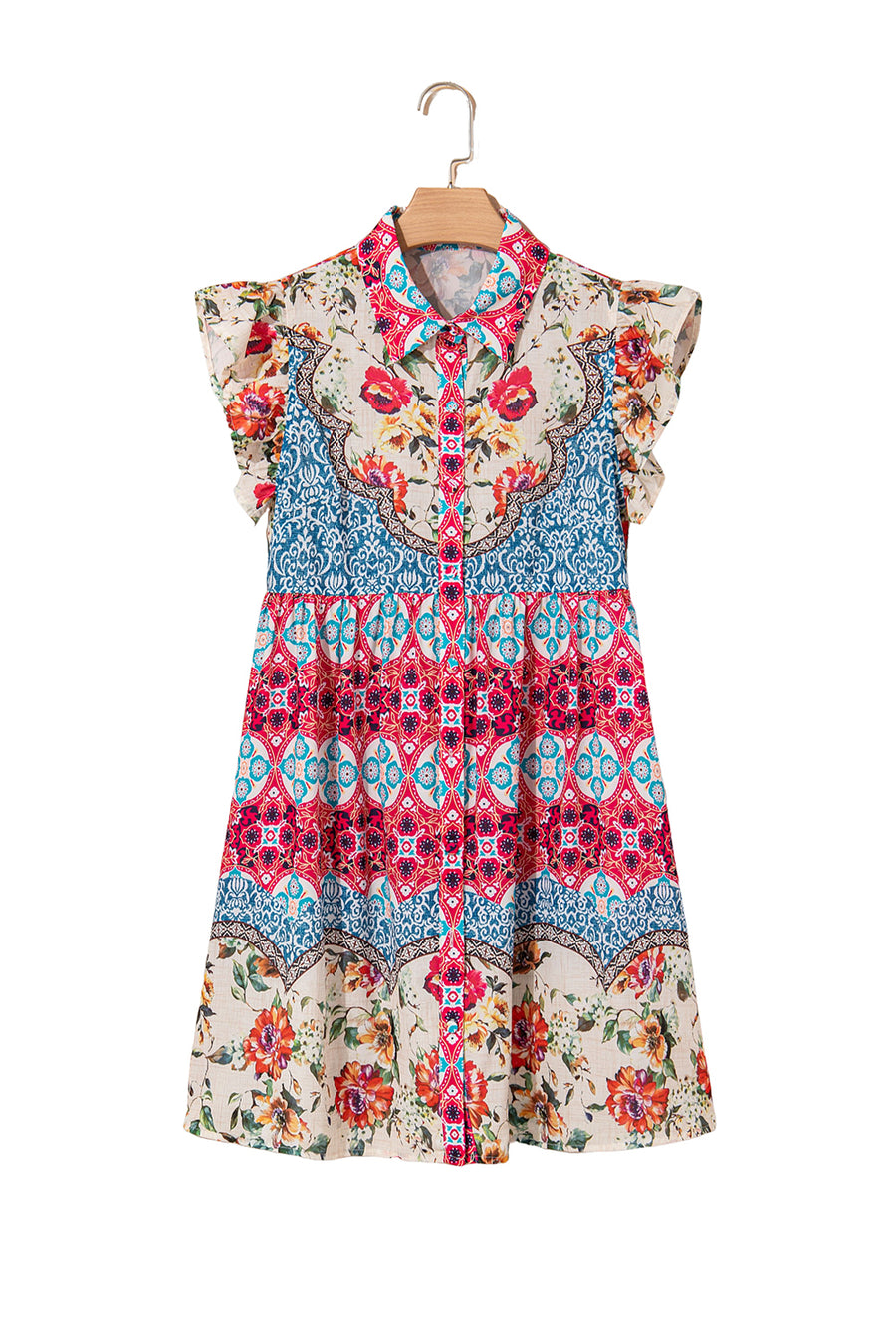 Multicolored Bohemian Floral Collared Ruffle Sleeve Button-Up Mini Dress