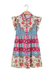 Multicolored Bohemian Floral Collared Ruffle Sleeve Button-Up Mini Dress