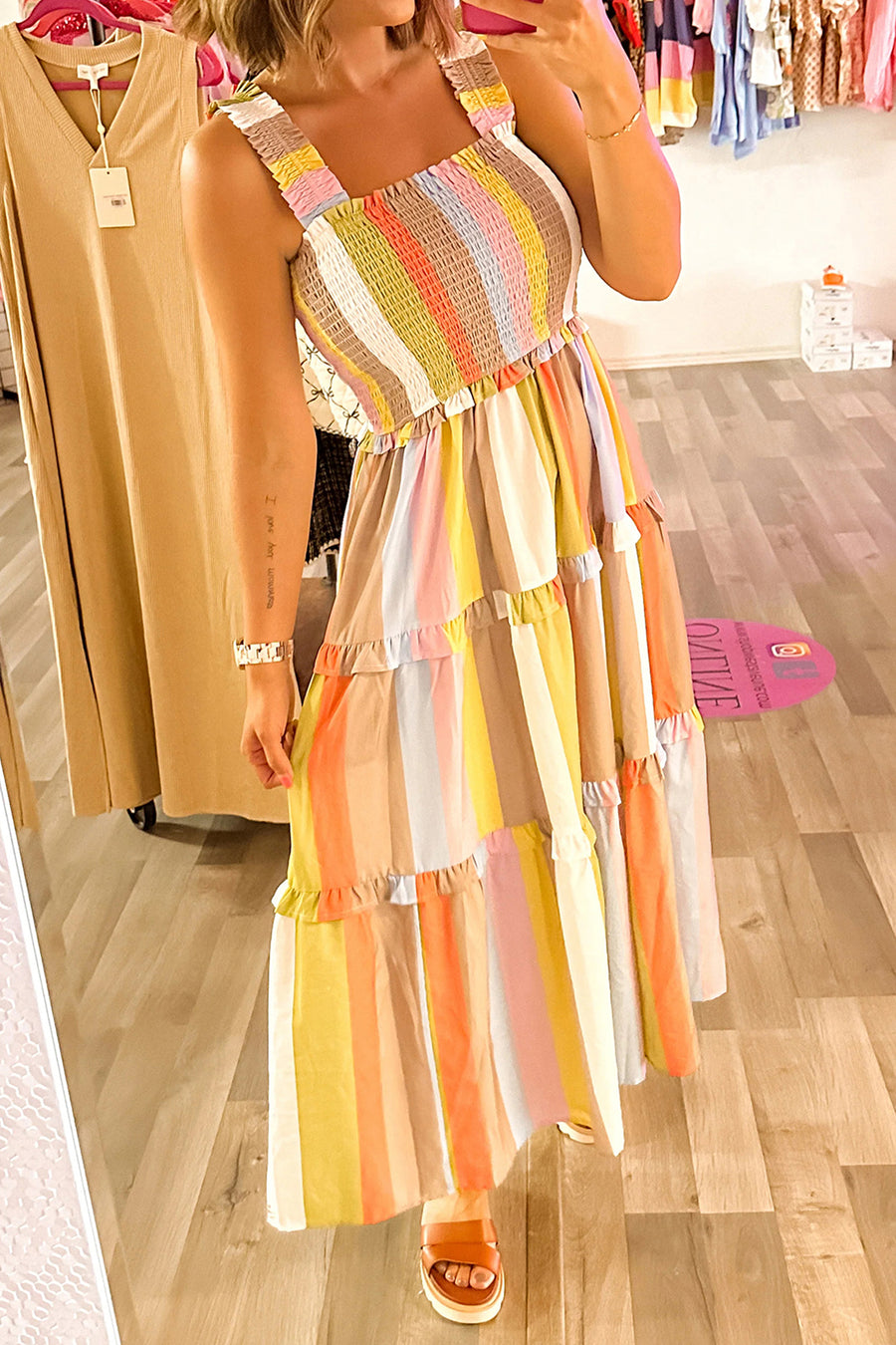 *Pre-Order* Multicolored Striped Shirred Frilly Tiered Maxi Dress