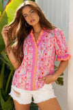 Pink Poppy Floral Striped Color Block Trim V-Neck Ruffled Short Sleeve Blouse